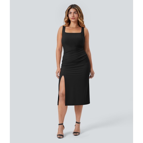 HALARA Dresses & Skirts - HALARA Black Square-Neck Midi Dress with Side Slit. NWT